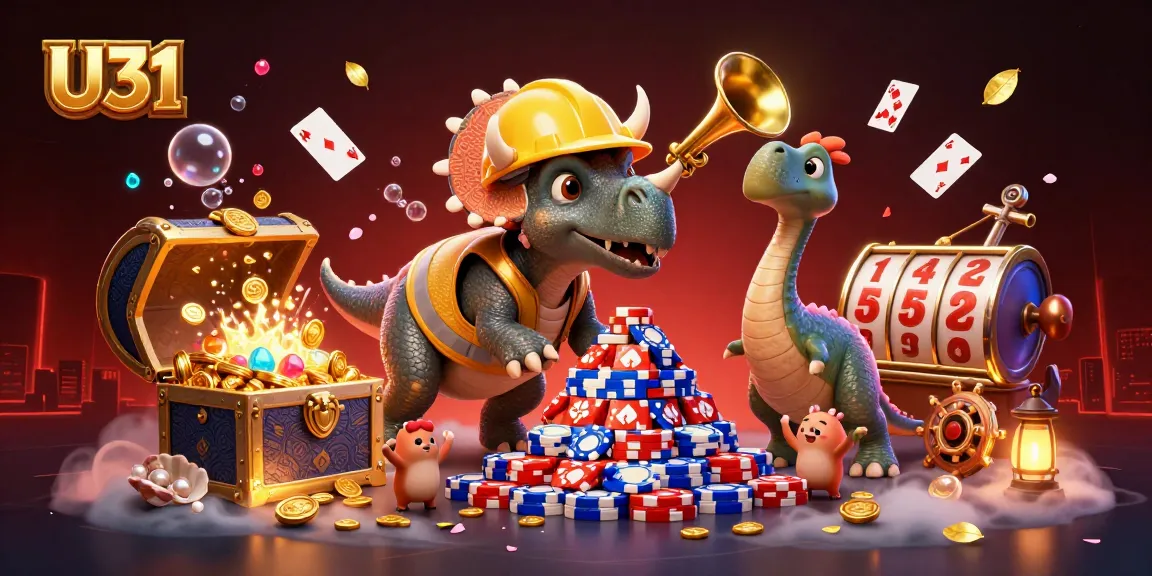 Experience U31's vibrant casino world with a triceratops and celebration of gaming action.