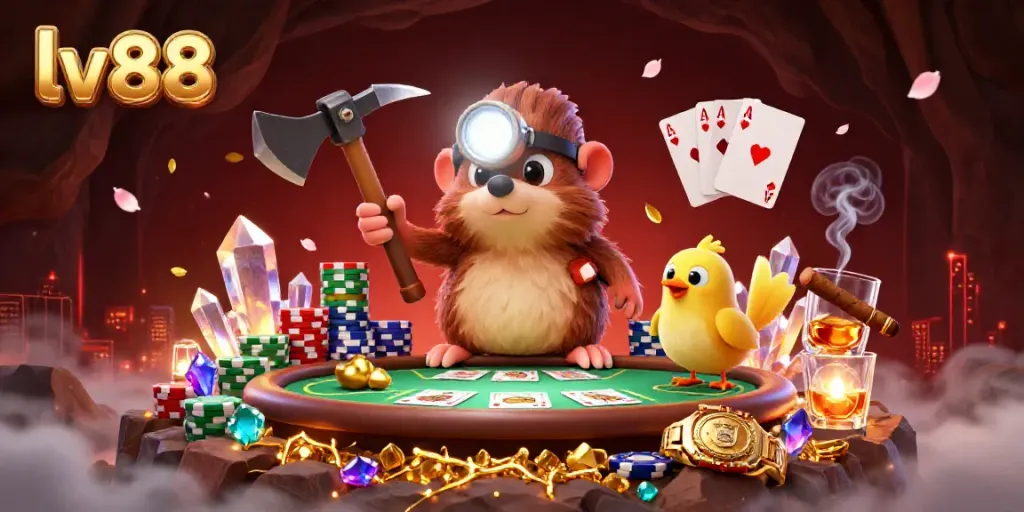 Experience the thrill of lv88 with a treasure hunter exploring a vibrant casino cave.