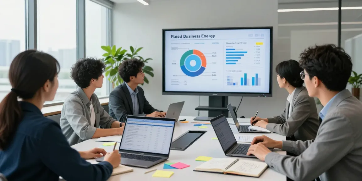 Team collaborating in a modern office discussing fixed business energy solutions.