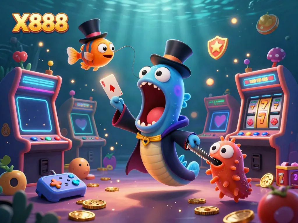 X888-themed casino illustration showcasing vibrant characters, slot symbols, and dynamic gaming elements.