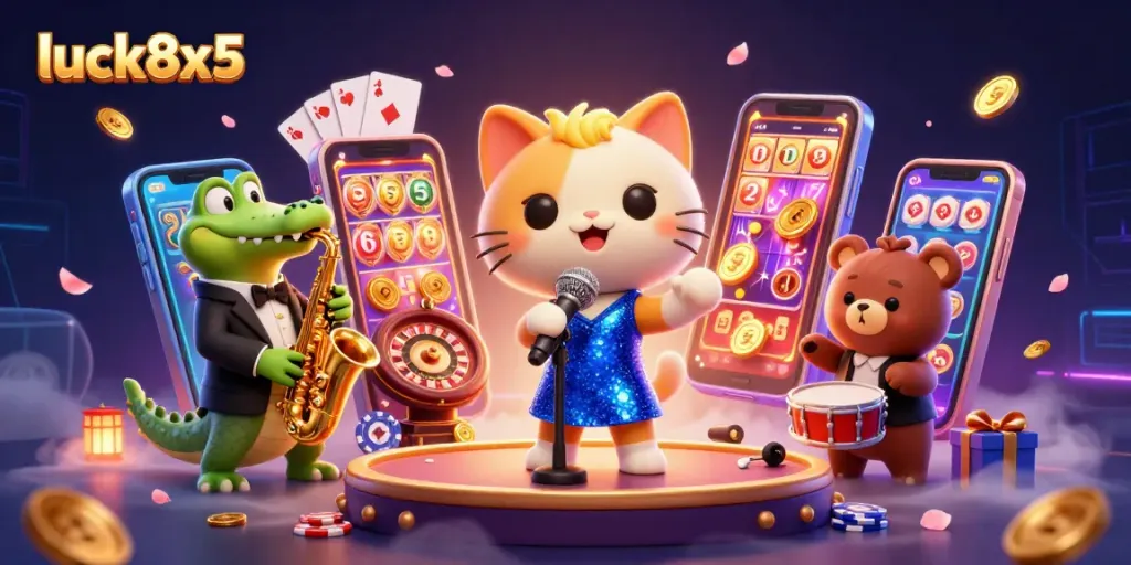 Engage with luck8x5 for a vibrant casino-themed illustration featuring lively characters and dynamic gaming elements.