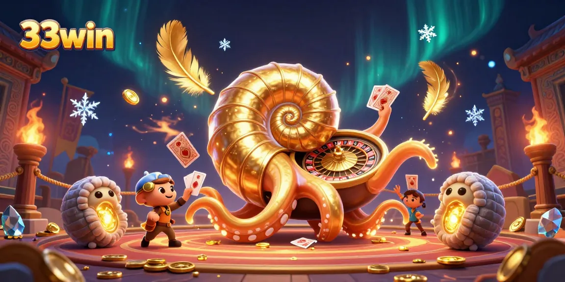 Engage with 33win's vibrant casino scene featuring a cartoon nautilus roulette and glowing ammonites.