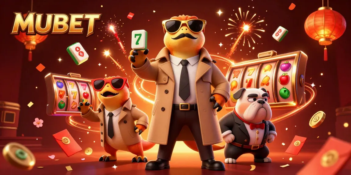MUBET players spinning slot reels while raptors in a trench coat try to enter a VIP lounge.