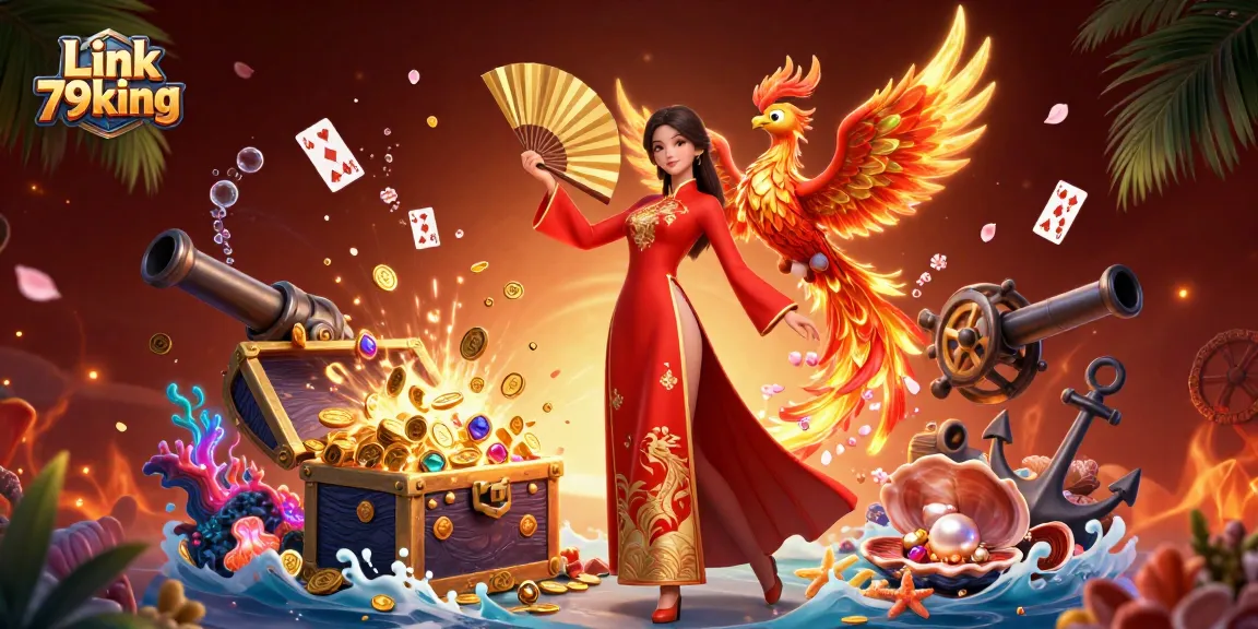 Experience the thrill at Link 79king with a stunning 3D casino illustration featuring games, gold coins, and excitement.