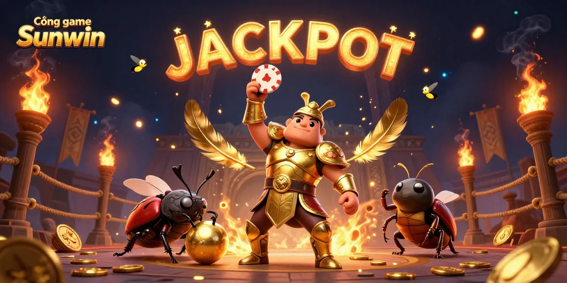 Cổng game Sunwin features an epic scene with a victorious beetle and a golden ball, celebrating a jackpot.