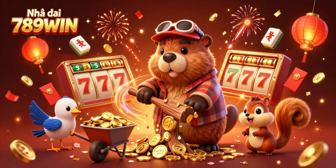 Play and win at Nhà cái 789WIN with golden coins raining from a tree in this vibrant 3D illustration.