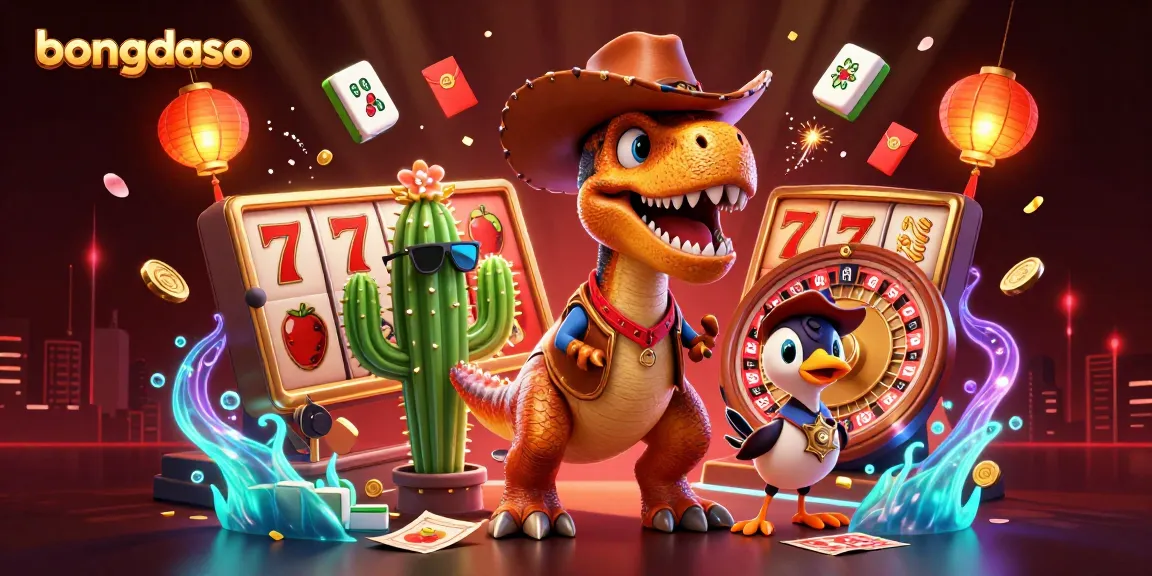Bongdaso engages gamblers with dynamic slot reels and vibrant characters in an exciting casino atmosphere.