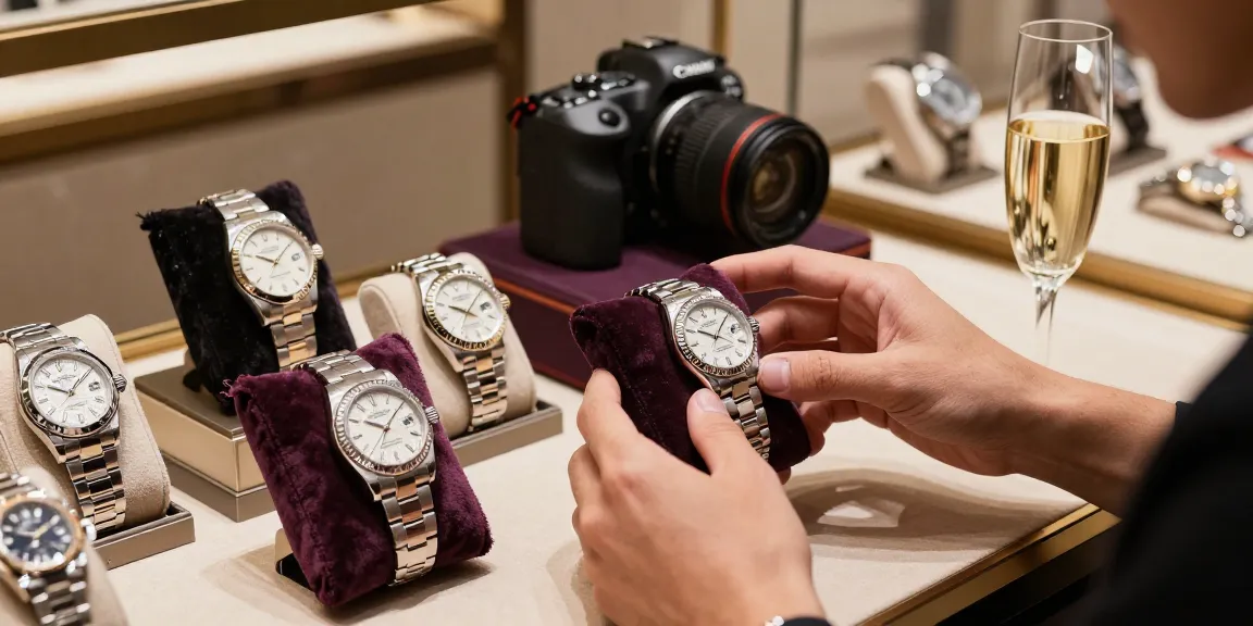 Browsing high-quality replica watches in a luxury boutique, showcasing precision and elegance.