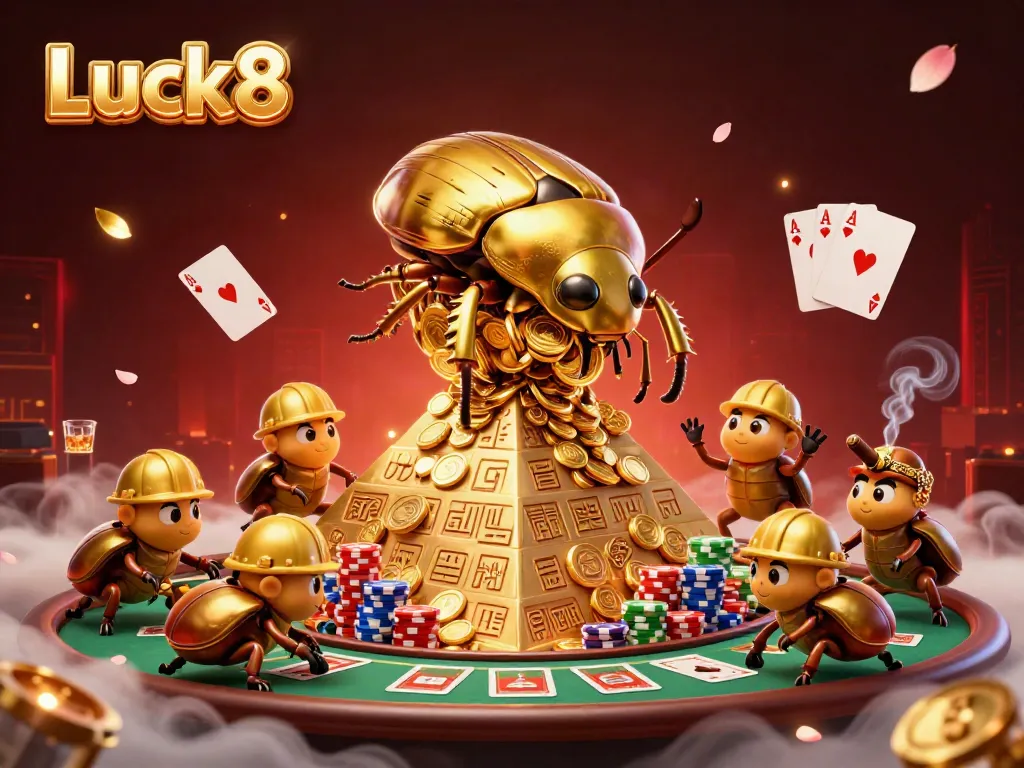 Experience Luck8's vibrant casino environment with a golden beetle rolling coins amid dynamic gaming elements.