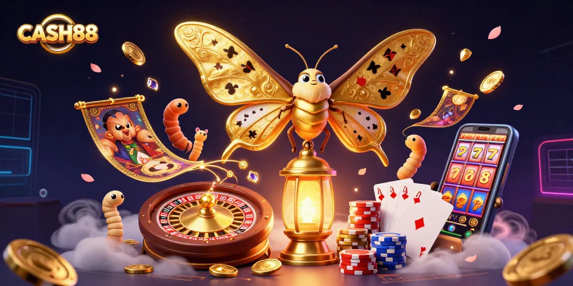 Join the excitement at CASH88 with a vibrant casino scene featuring golden moths and dynamic game elements.