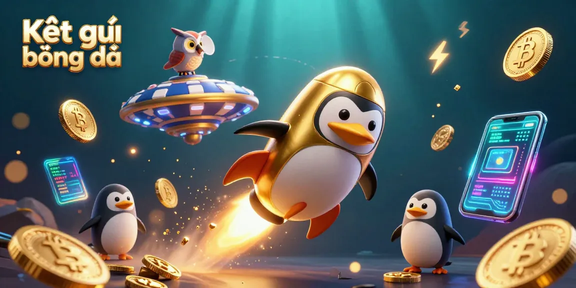 Bet on Kết quả bóng đá with a vibrant 3D casino scene featuring a gold penguin and cosmic elements