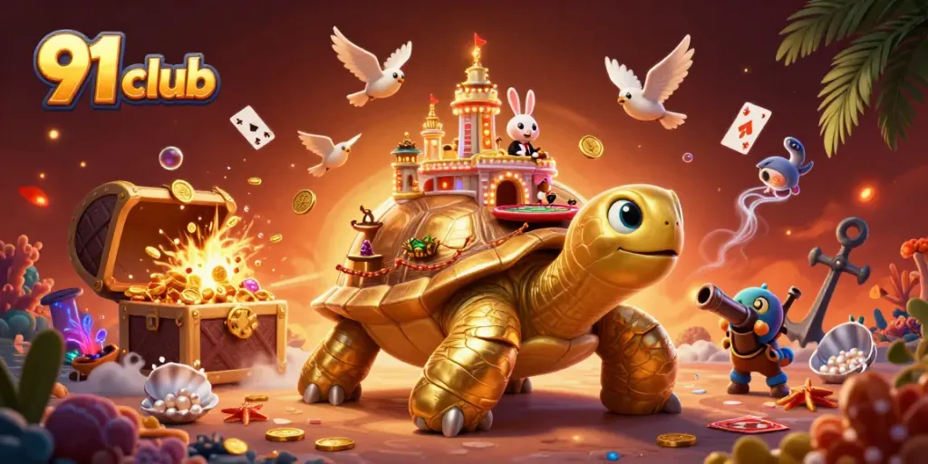 Experience ultimate gameplay with the 91 Club's casino fun featuring a vibrant tortoise and dealer scene.