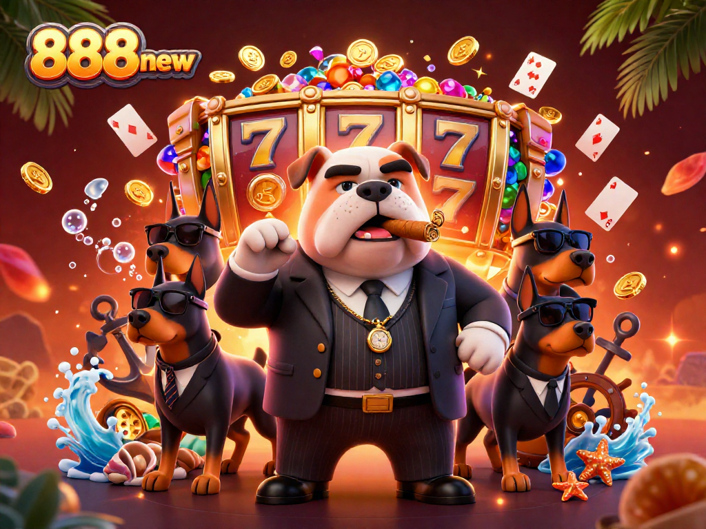 Experience fun winning moments with 888new's vibrant 3D casino scene featuring characters and slot reels.