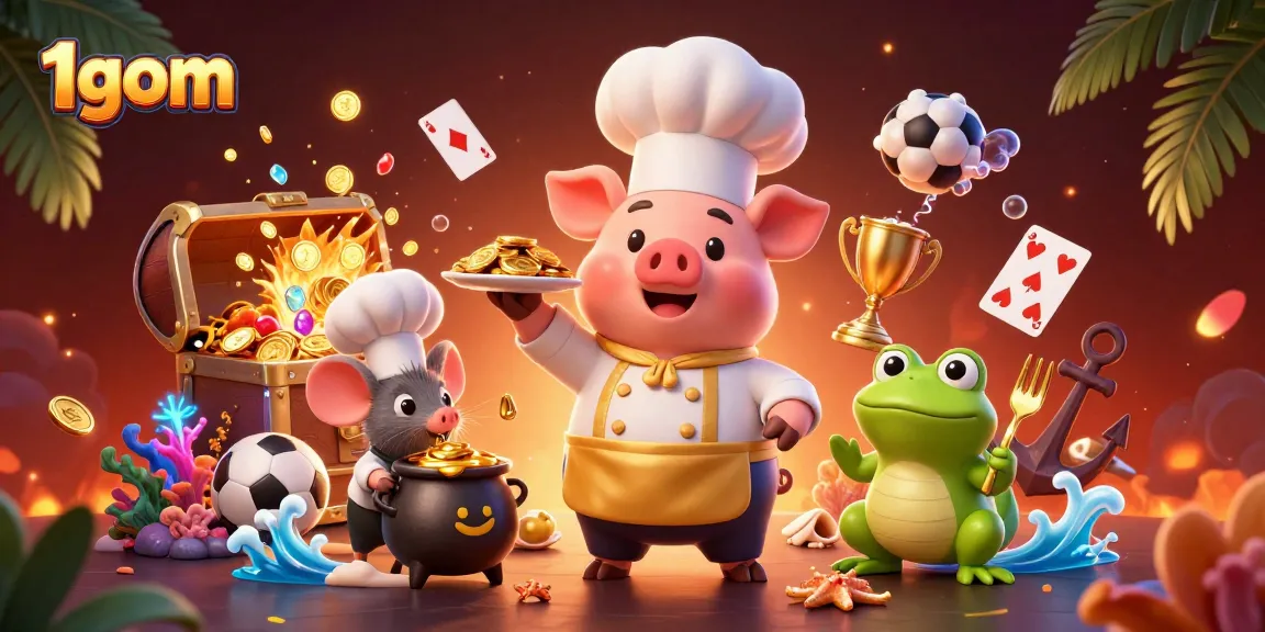 Engage with 1gom's thrilling sports betting experience featuring a chef pig and critters amidst gold coins and betting elements.