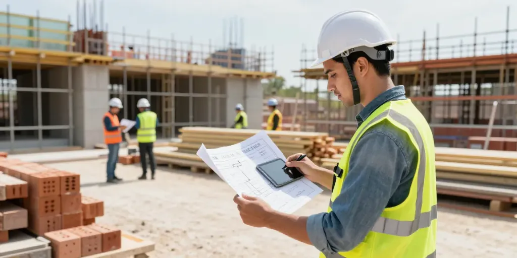 Quantity surveyor for builders reviewing plans on-site with building materials and safety gear.