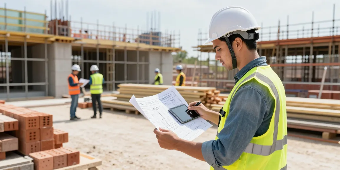 Quantity surveyor for builders reviewing plans on-site with building materials and safety gear.