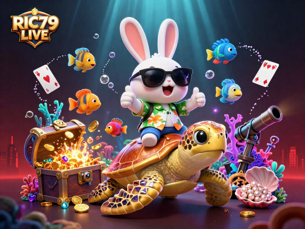 Experience thrilling wins with RIC79 LIVE in this vibrant 3D casino adventure illustration.