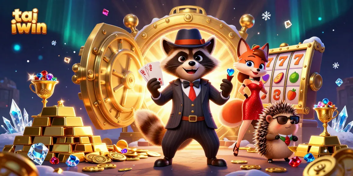 Experience excitement at tai iwin with raccoon, fox, and hedgehog characters in a rich casino scene.