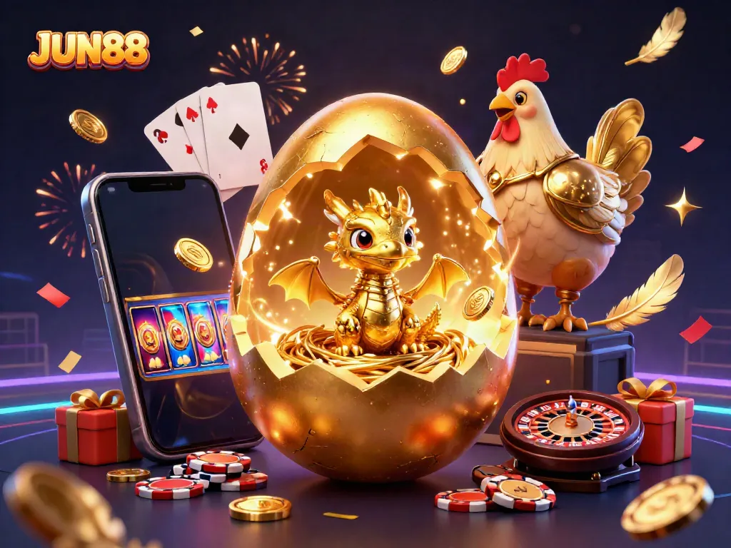 Engage with the captivating JUN88 scene showcasing a golden dragon on poker chips amidst a vibrant casino atmosphere.