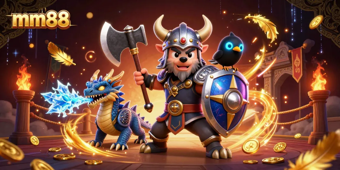 Experience thrilling gameplay at mm88 with a Viking wolf warrior, fierce dragon, and glowing raven in a rich casino scene.