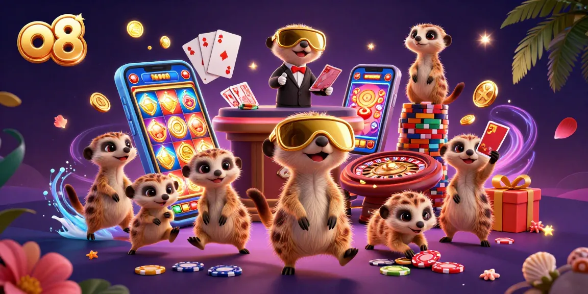 Experience the vibrant o8 casino world with meerkats running games, winning coins, and colorful slots.