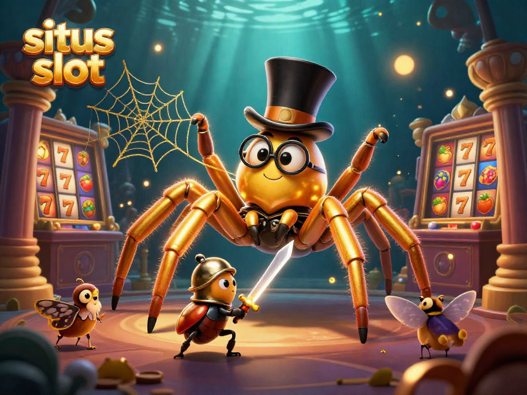 Experience thrilling situs slot gameplay with a golden tarantula and knight surrounded by exciting slot elements.