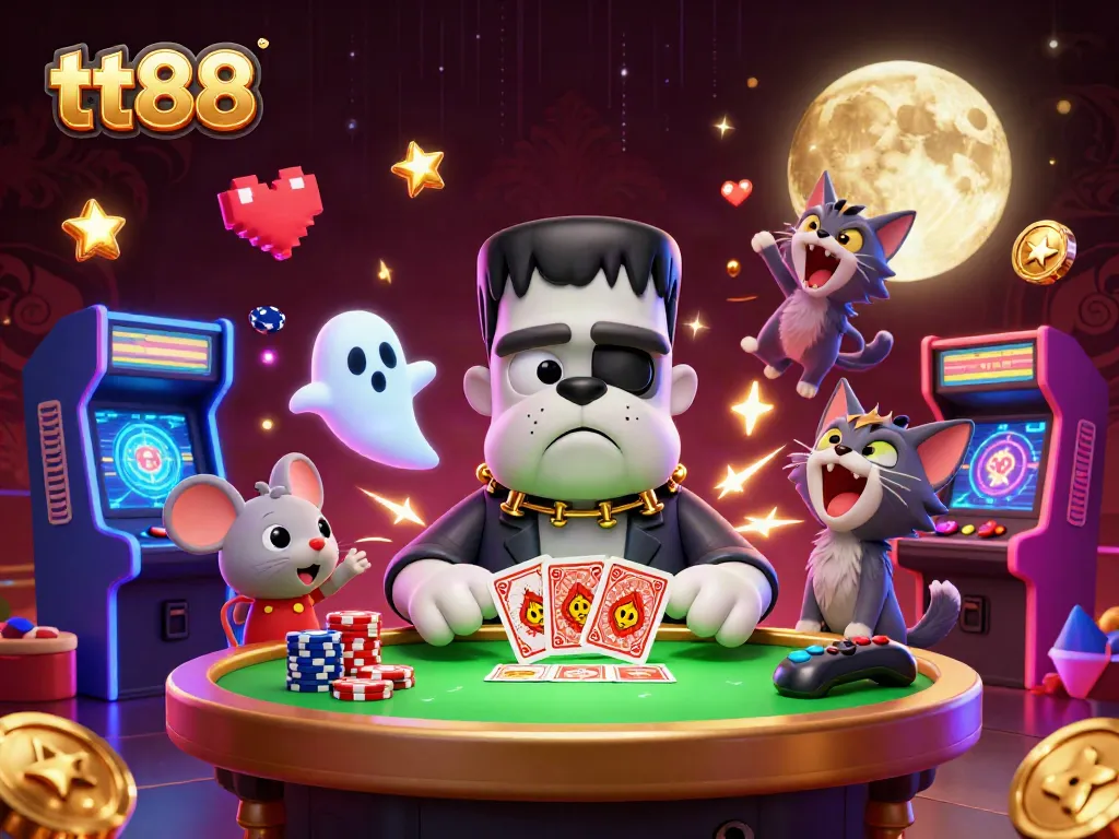 Engage in exciting card games with tt88 featuring a 3D cartoon Frankenstein bulldog at a vibrant casino table.