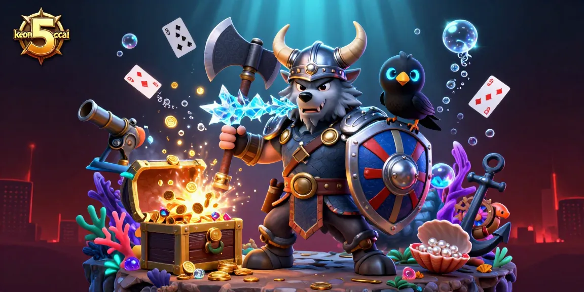 Engage with exciting keonhacai 5, featuring a Viking wolf warrior and a dragon in a dynamic casino scene.