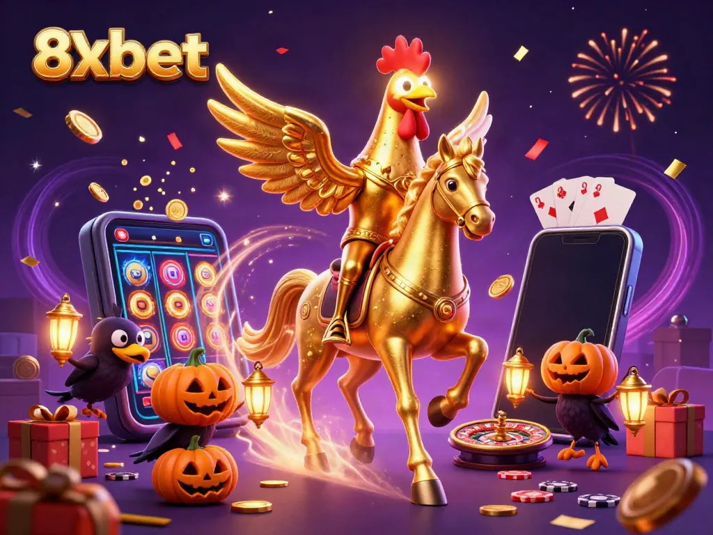 Experience the thrill of 8xbet with a cartoon illustration featuring a golden rooster in a casino scene.