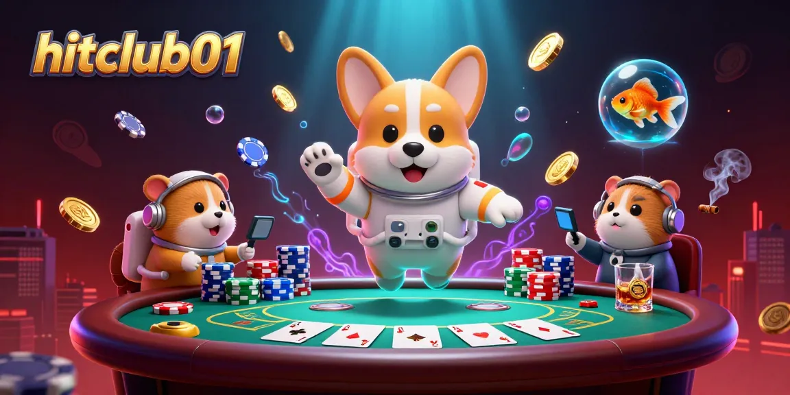 Hitclub01 offers an exciting floating casino experience with poker chips and characters in action.