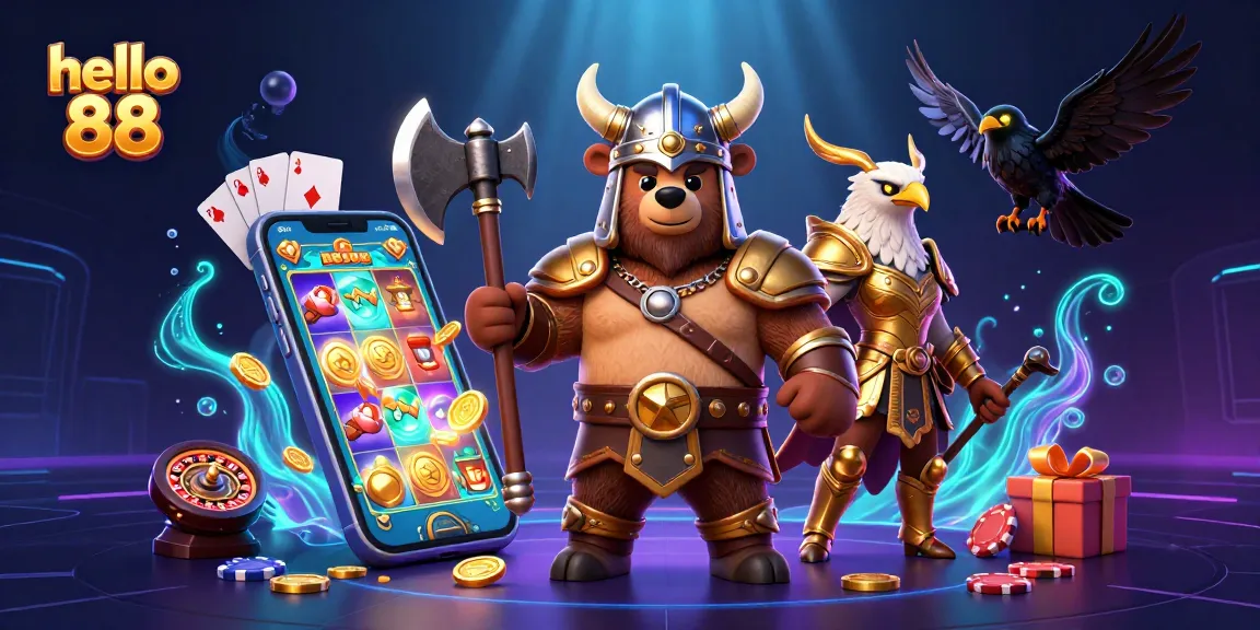 Immerse in an exciting hello 88 themed scene where a Viking berserker bear and Valkyrie eagle engage with vibrant slot game elements.