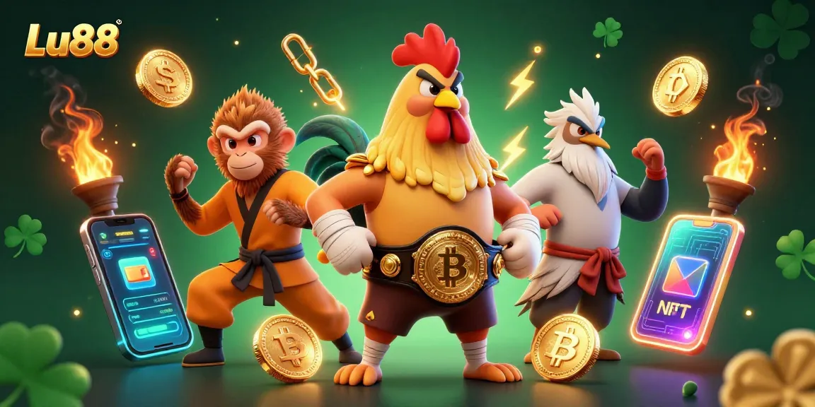 Lu88 slots scene featuring colorful characters and cryptocurrency elements for a vibrant online casino.