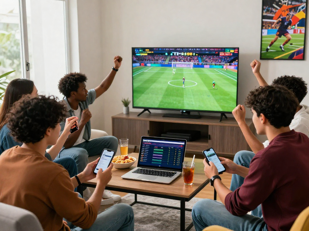 Friends enjoying a live sports betting experience on TK 999, celebrating a goal with a vibrant atmosphere.