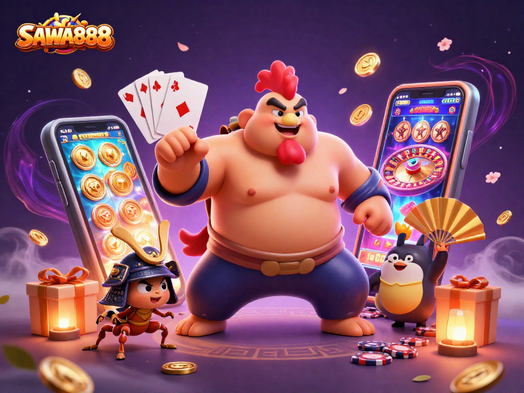 SAWA888 showcases a dramatic scene with a sumo wrestler rooster, samurai cricket, and tanuki announcer in a vibrant casino setting.