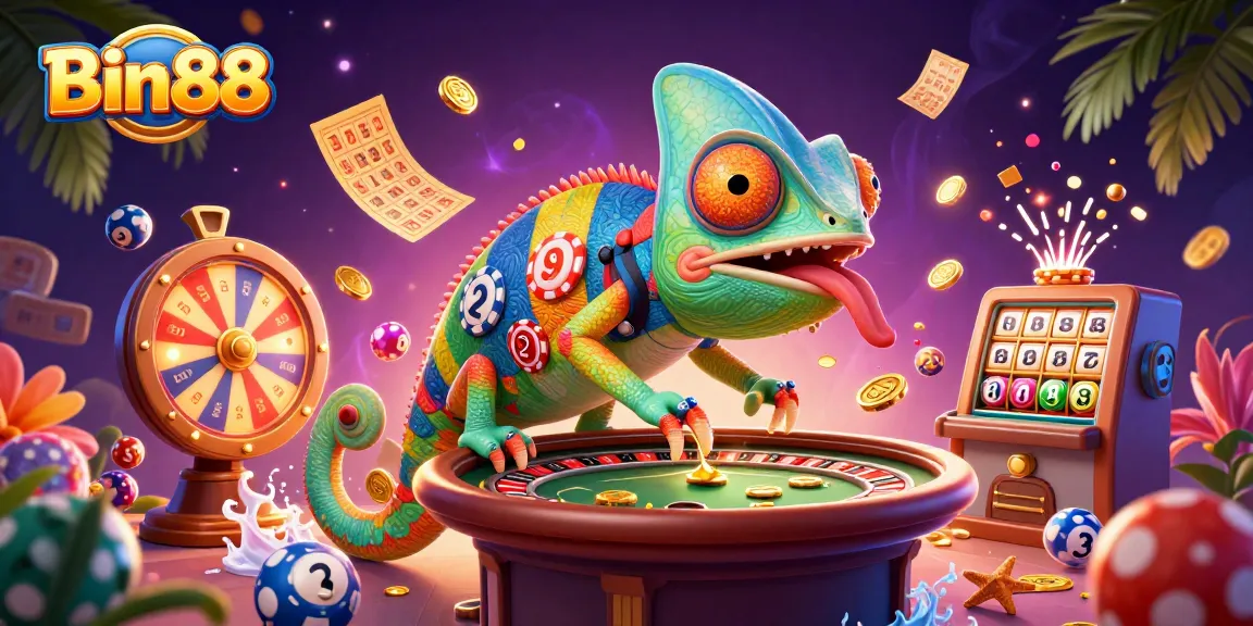 Engage with Bin88 at our vibrant casino, showcasing a cartoon chameleon owner capturing golden coins.