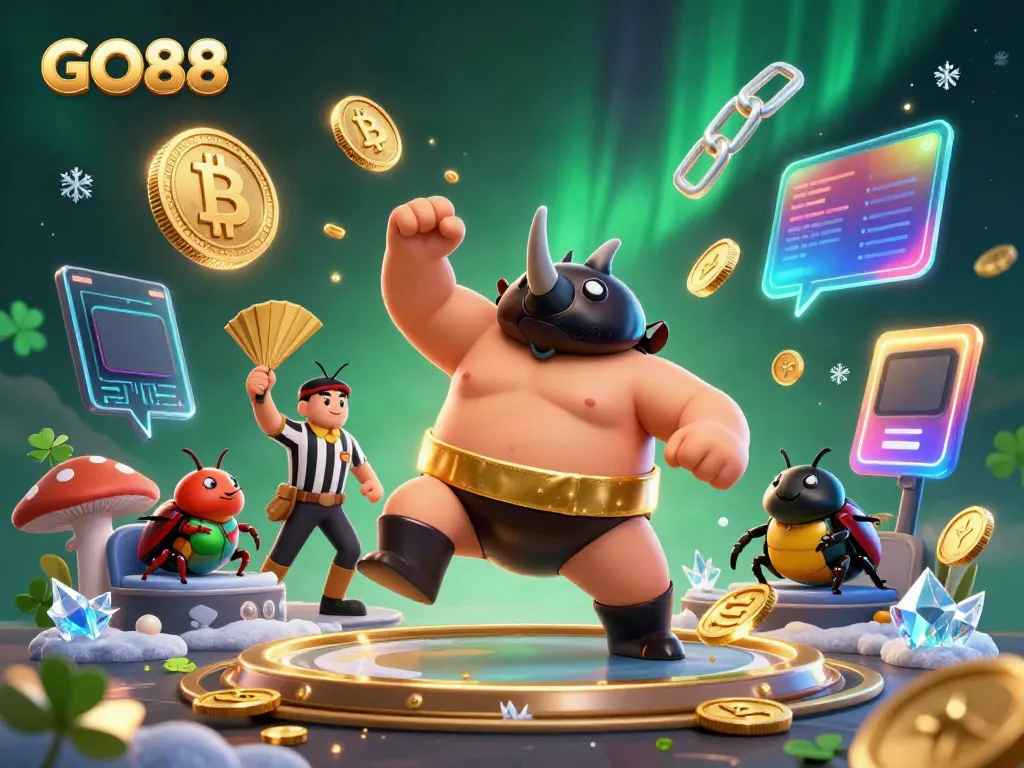 Experience thrilling slots action at GO88 with a stunning sumo beetle champion amidst glimmering coins.