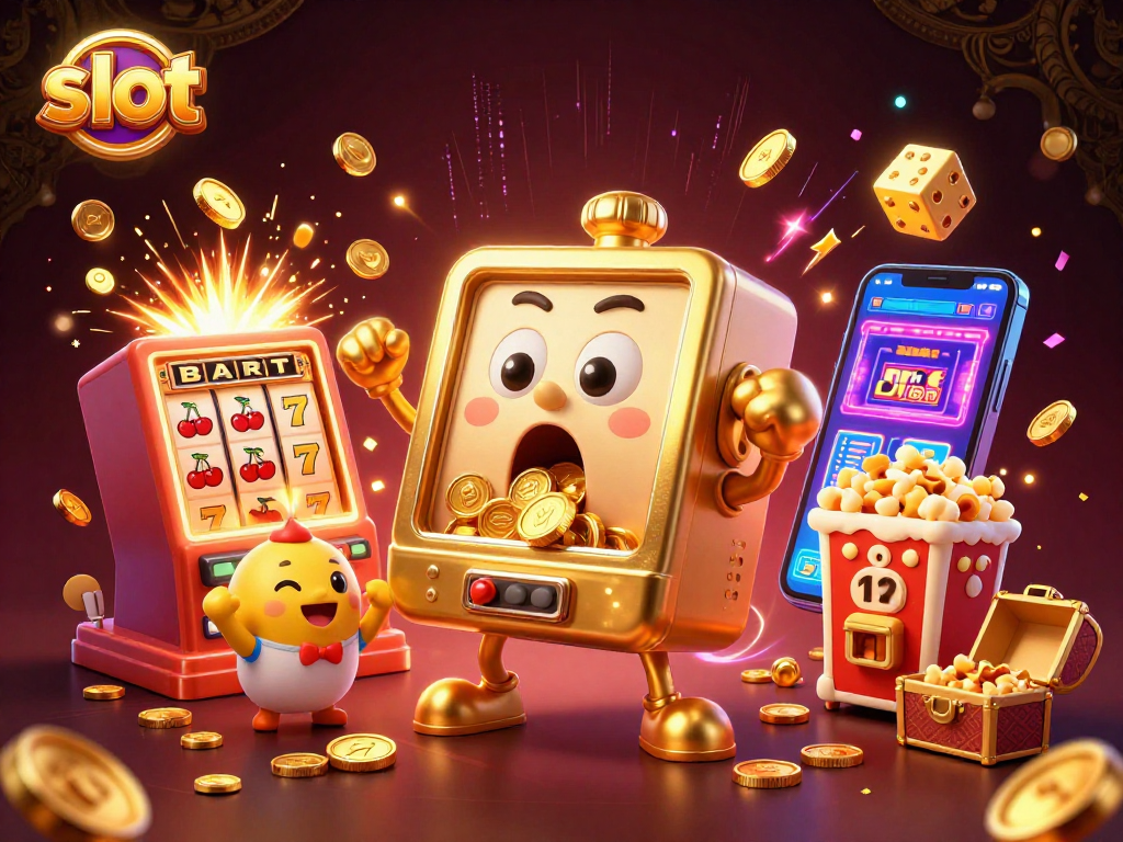 Slot machine celebrates a jackpot with coins spilling out, surrounded by cheering baby slots and dynamic casino elements.