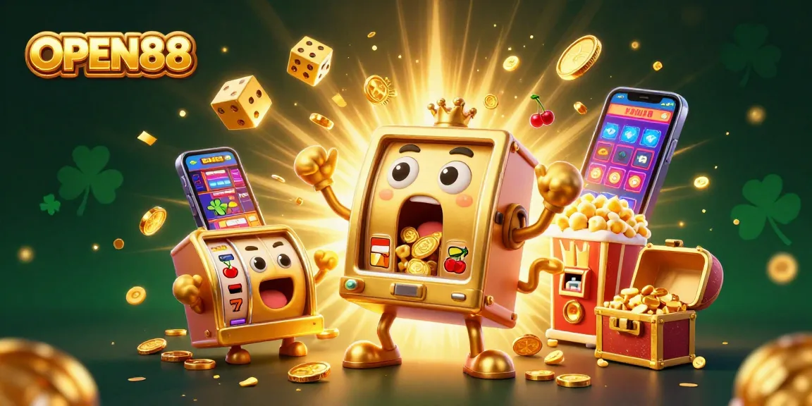 Open88 jackpot celebration scene with vibrant slot machines and colorful casino elements in a dynamic atmosphere.