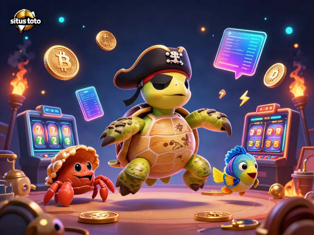 Exciting 3D illustration of situs toto featuring a pirate turtle, hermit crab, and parrotfish surrounded by digital coins and jackpot slots.