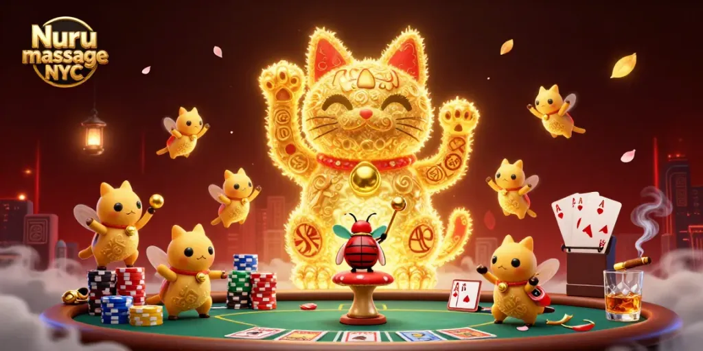 Nuru massage NYC showcased with whimsical fireflies and casino elements in an engaging digital artwork.