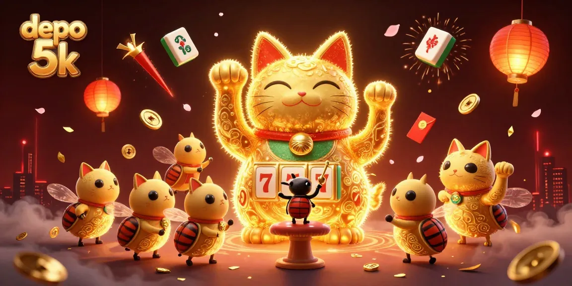 Engage with depo 5k for a thrilling lucky cat slot adventure amidst vibrant casino symbols.