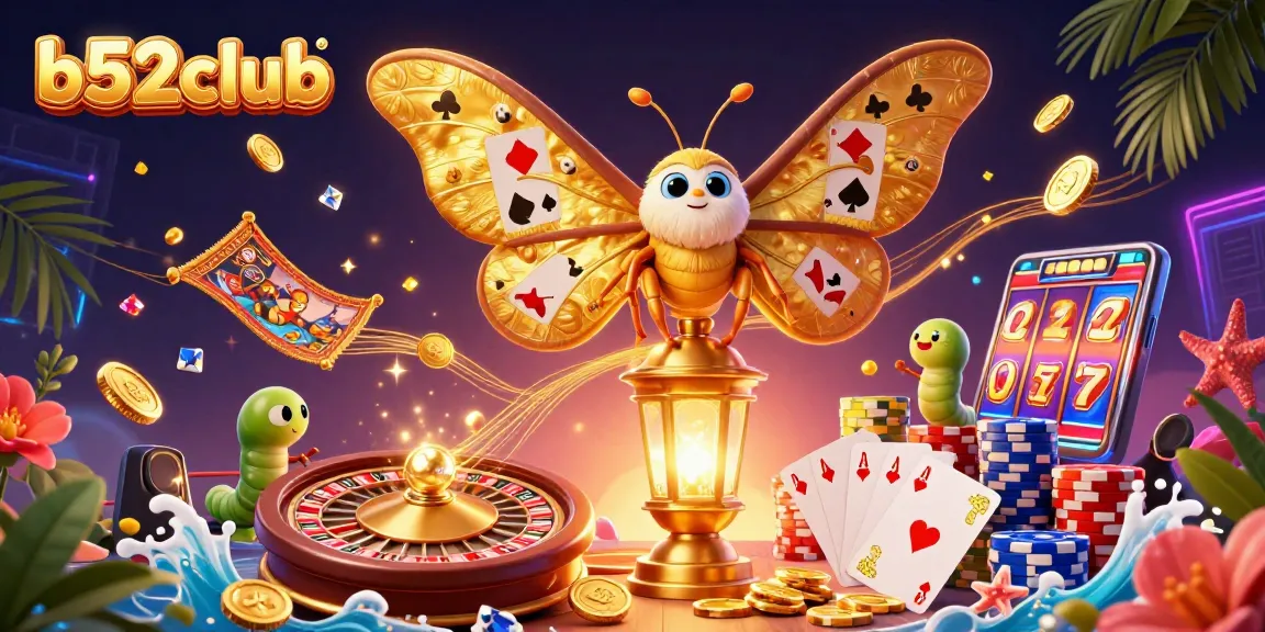 Engage with b52club through a thrilling scene featuring a magical moth amidst vibrant casino elements.