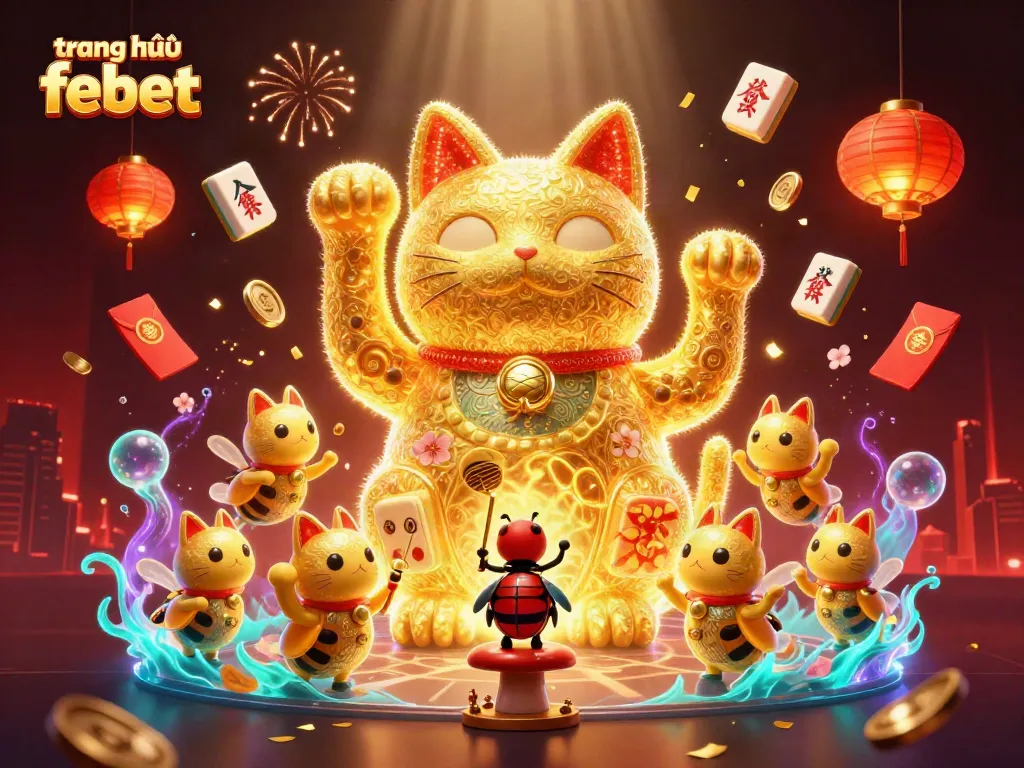 Experience fun at trang chủ febet with a vibrant 3D illustration featuring a lucky cat and casino symbols.