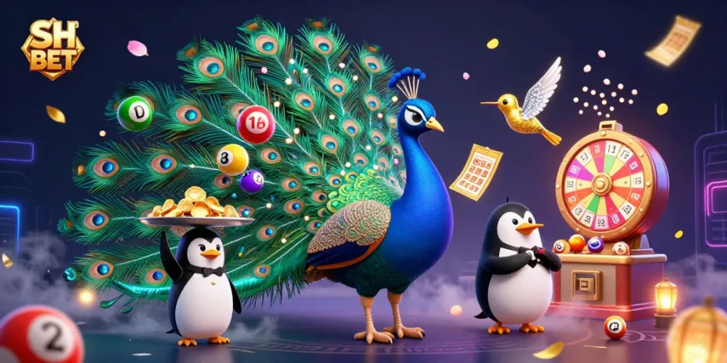 Experience the thrill of SH BET with captivating casino elements featuring vibrant lottery balls and dynamic characters.
