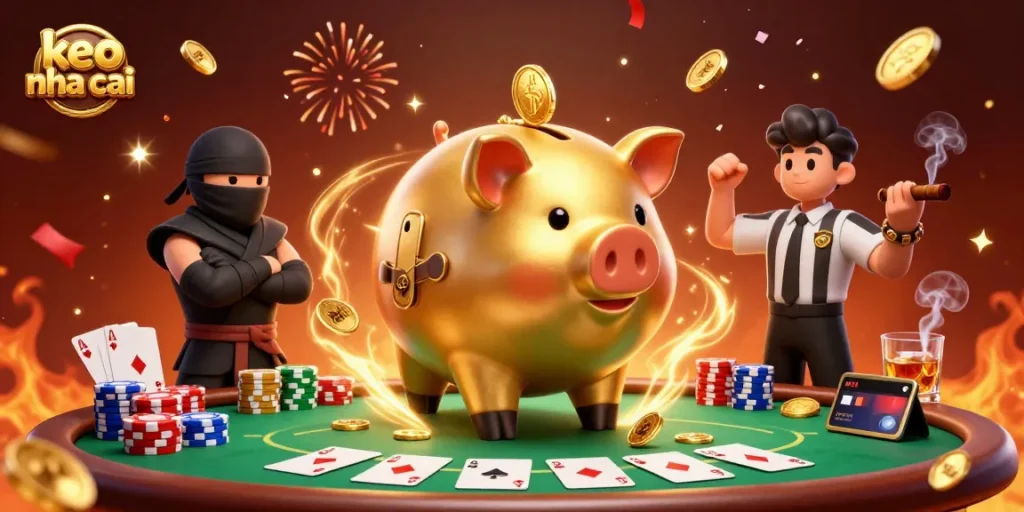 Place bets with keo nha cai while enjoying a vibrant 3D illustration of a sumo wrestler, ninja, and samurai at a vibrant casino poker table.