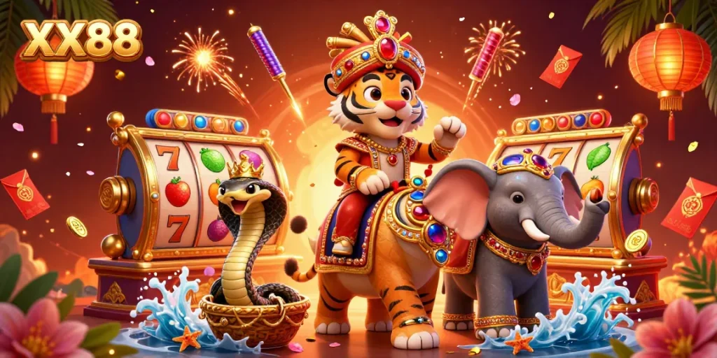 Engage in slots with XX88 featuring a maharaja tiger, jewel-encrusted elephant, and vibrant casino elements.