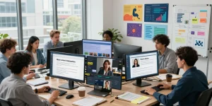 Professionals discussing NSFW moderation strategies in a modern office setting