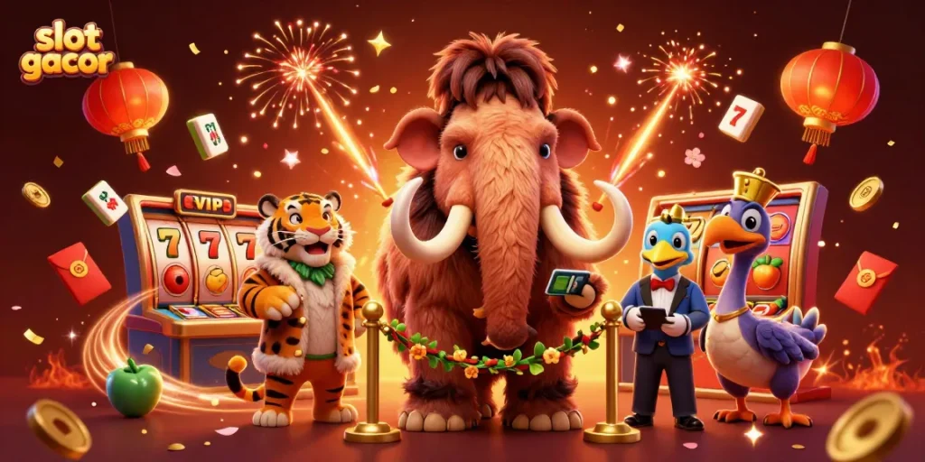 Experience the thrill of slot gacor with vibrant characters and dynamic game elements in a festive casino scene.