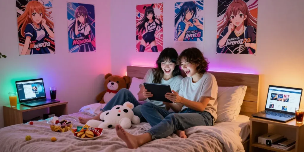 Engaging couple plays hentai games together in a cozy bedroom.