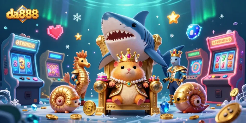 Experience the thrill of da888 with a vibrant 3D casino-themed illustration showcasing a golden hamster king on a megalodon throne.